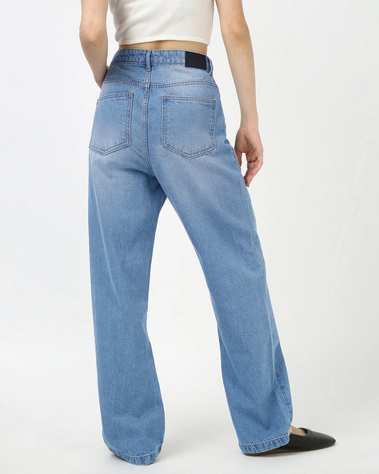 Women's Blue Washed Baggy Straight Fit Jeans