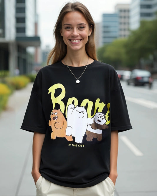 Women's Black Bears In The City Graphic Printed Oversized T-shirt
