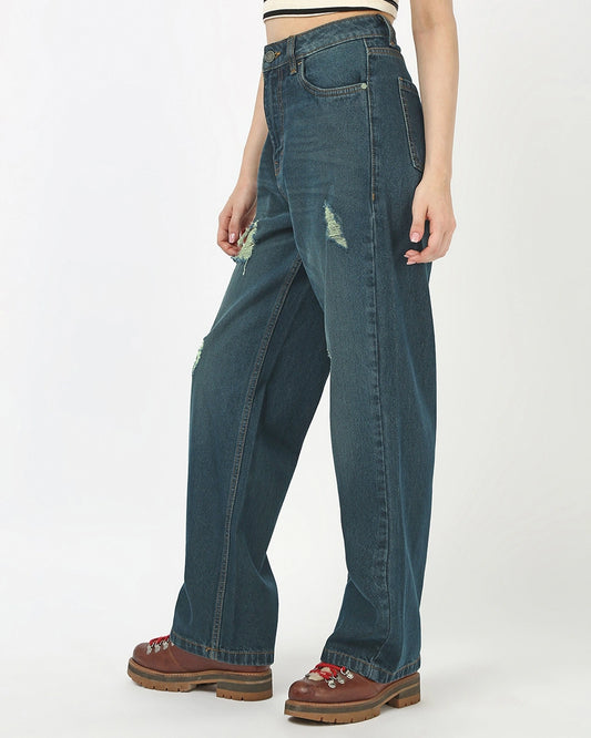 Women's Blue Washed Baggy Straight Fit Distressed Jeans