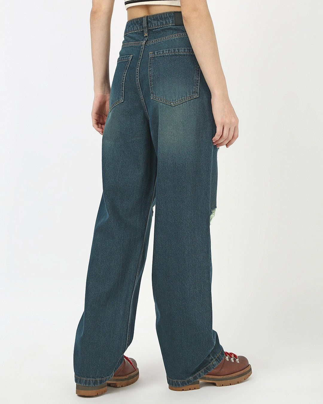 Women's Blue Washed Baggy Straight Fit Distressed Jeans