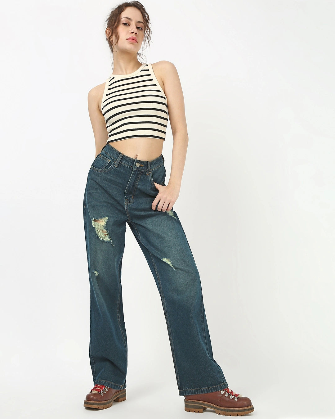 Women's Blue Washed Baggy Straight Fit Distressed Jeans