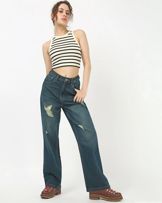 Women's Blue Washed Baggy Straight Fit Distressed Jeans