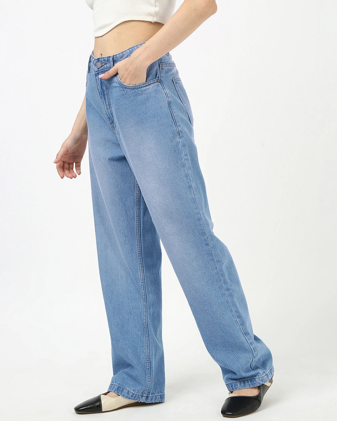 Women's Blue Washed Baggy Straight Fit Jeans